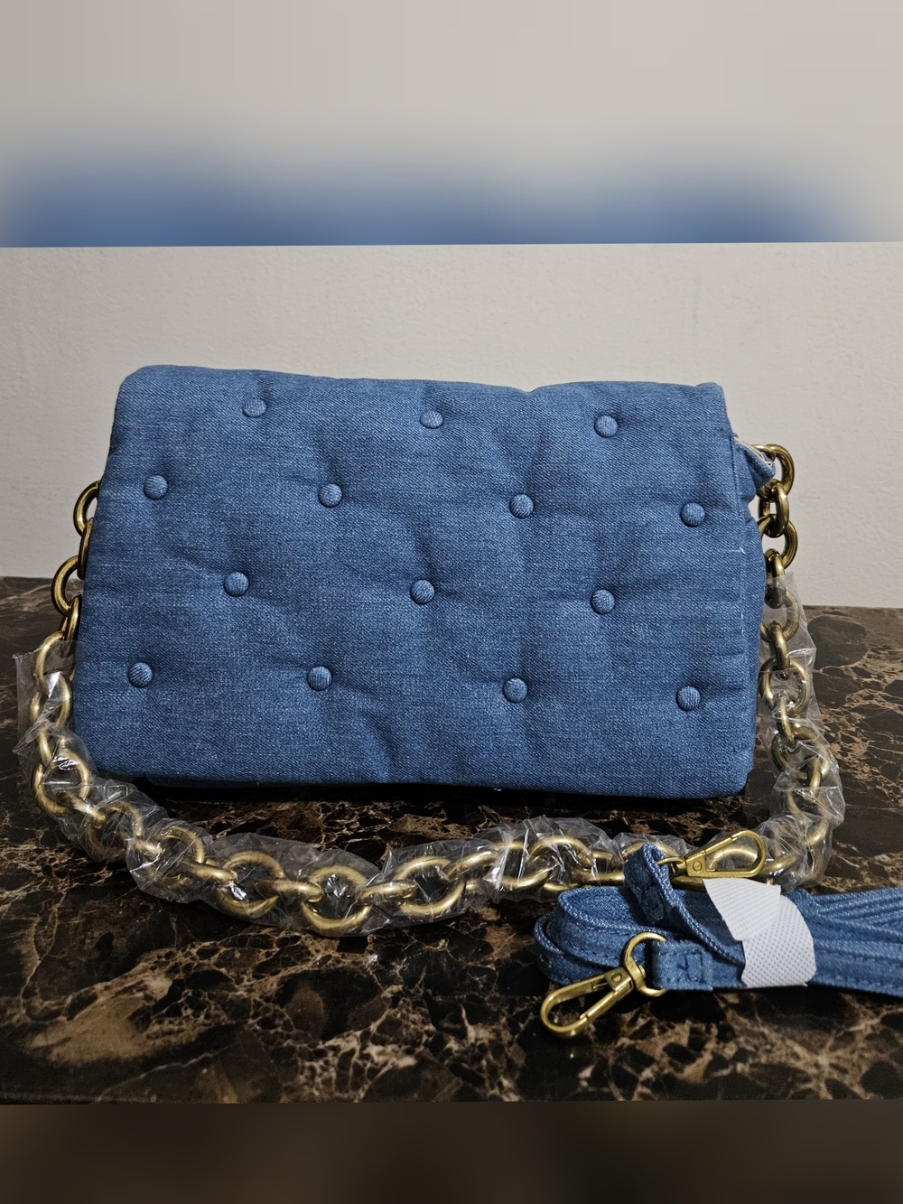 Quilted Denim Blue Chain-Handle Crossbody Bag